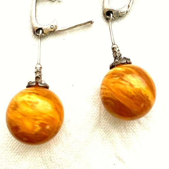 Vintage Baltic Amber Drop Earrings Honey amber Orb dangle sterling silver - Picture 3 of 9